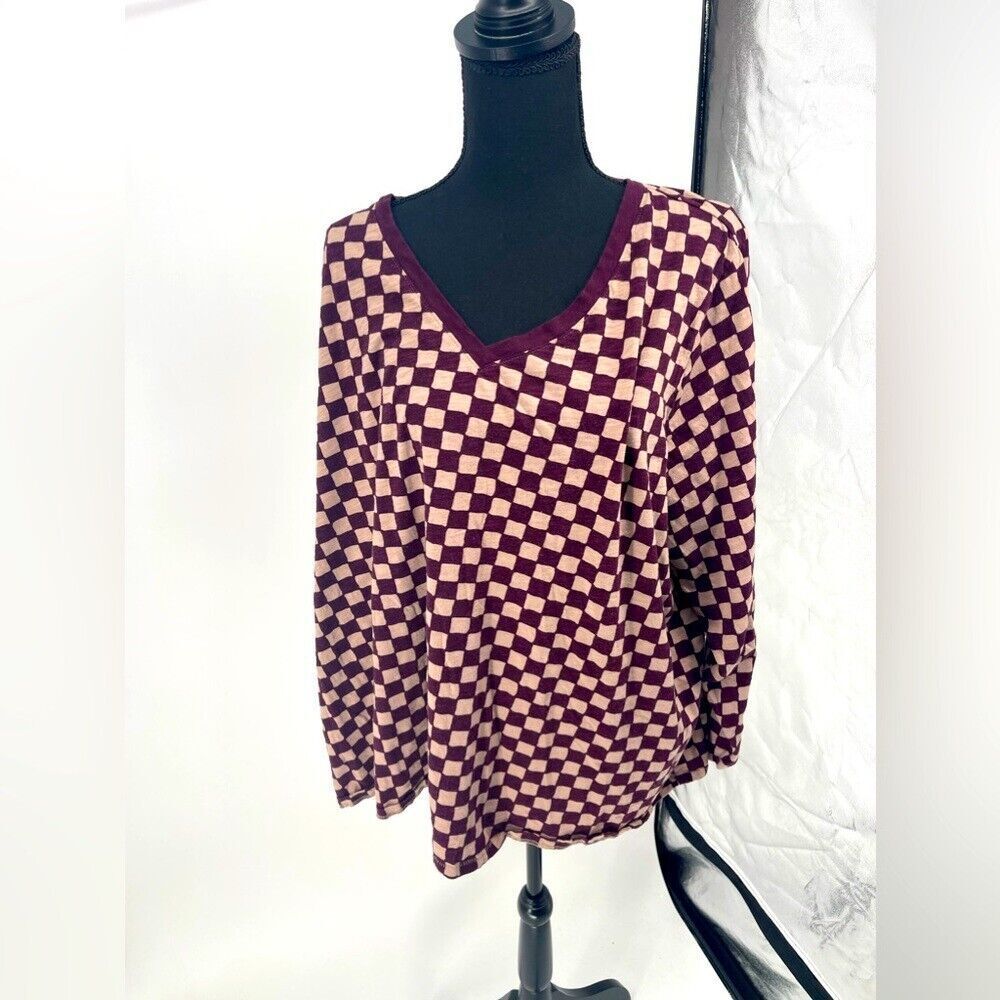 Sonoma Checkered‎ V-Neck Long Sleeve Top Patterned Pullover Blouse, Size 3X